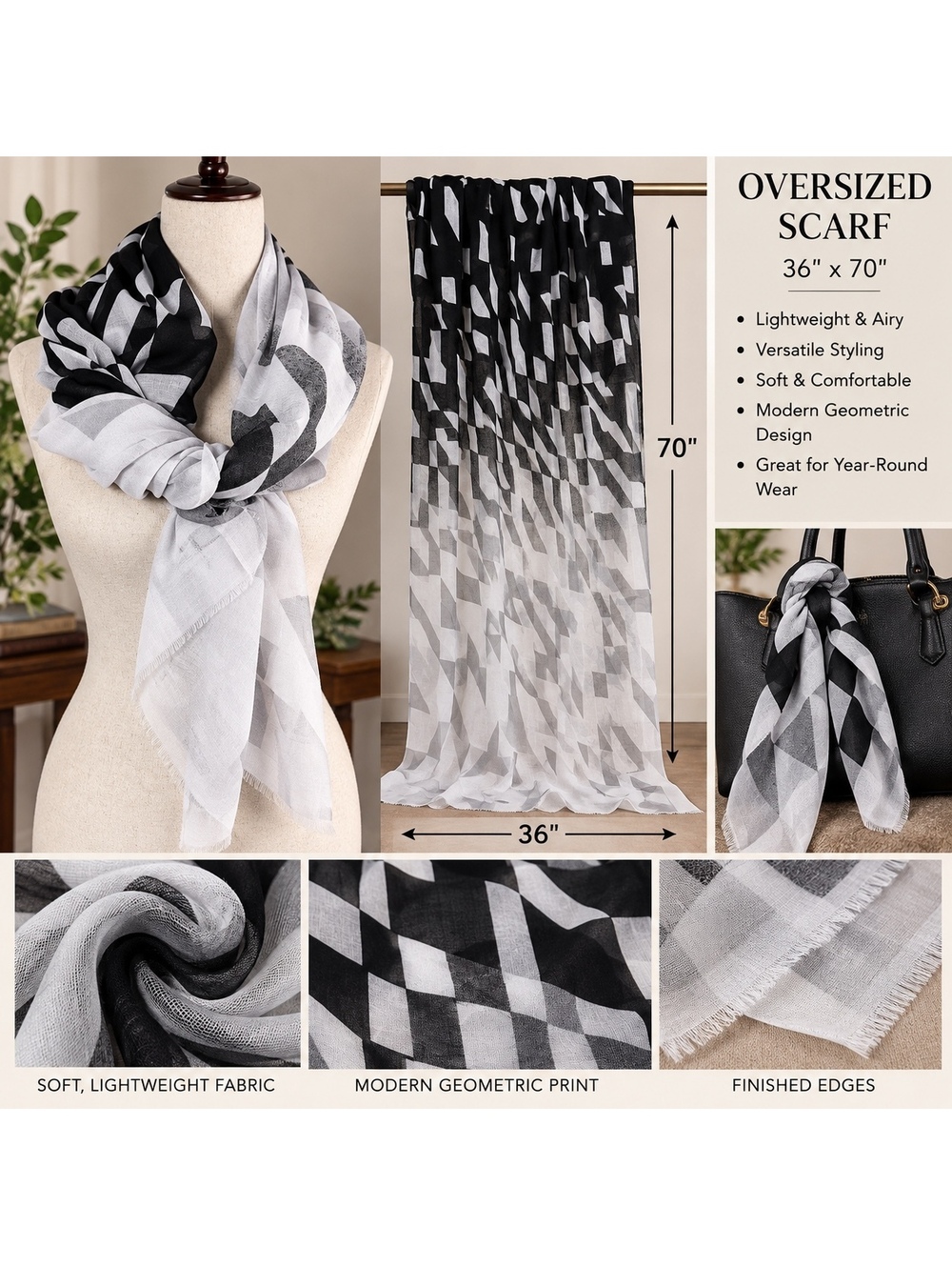Oversized Black and White Geometric Pattern Scarf 36x70